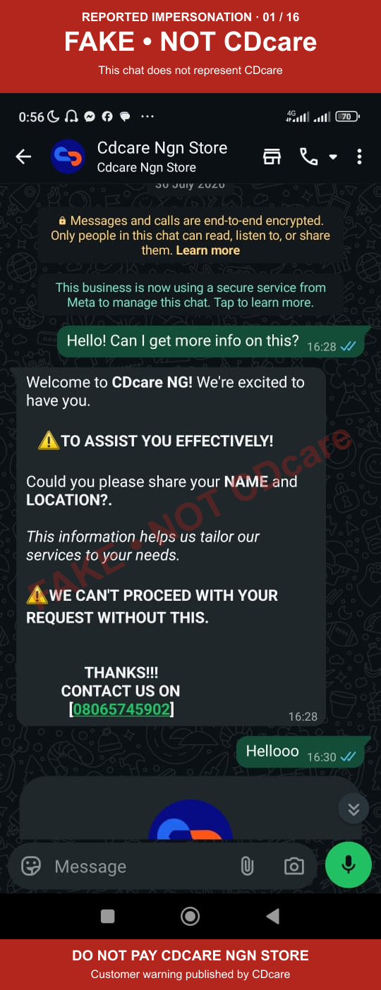 CDCARE NGN STORE impersonation evidence 01: contact and brand impersonation; marked FAKE, NOT CDcare