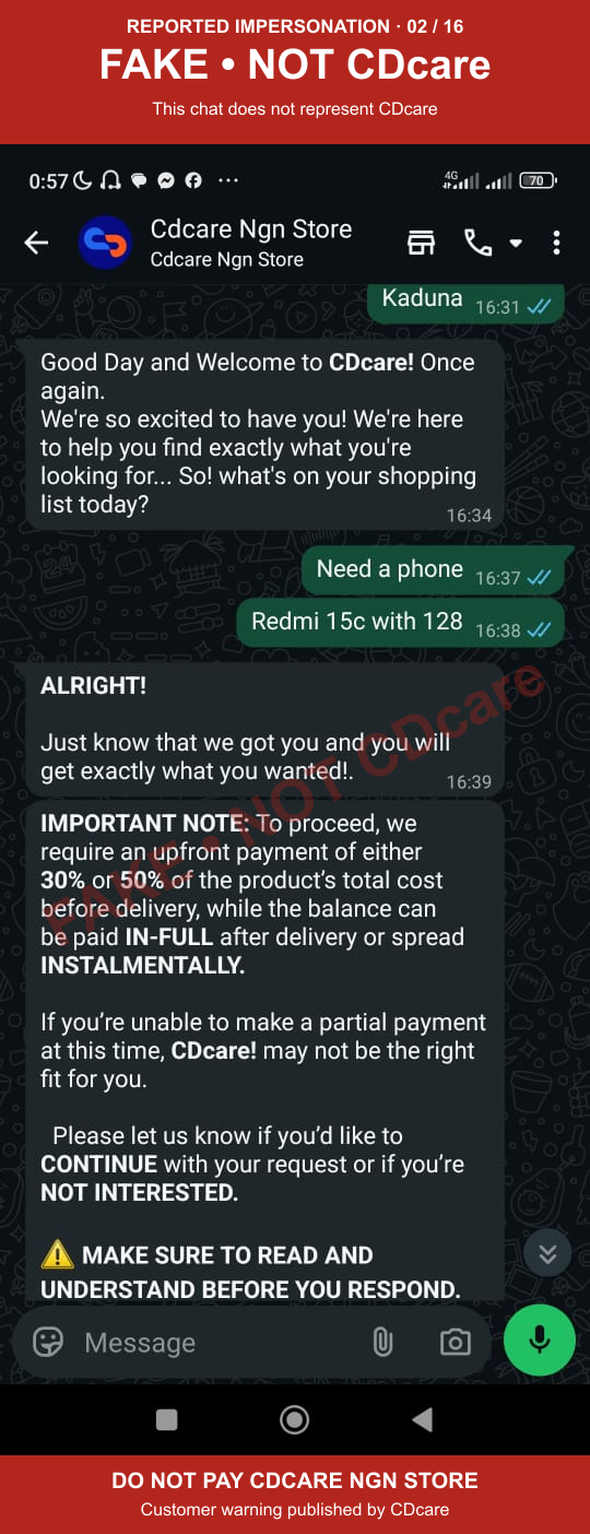 CDCARE NGN STORE impersonation evidence 02: upfront deposit request; marked FAKE, NOT CDcare