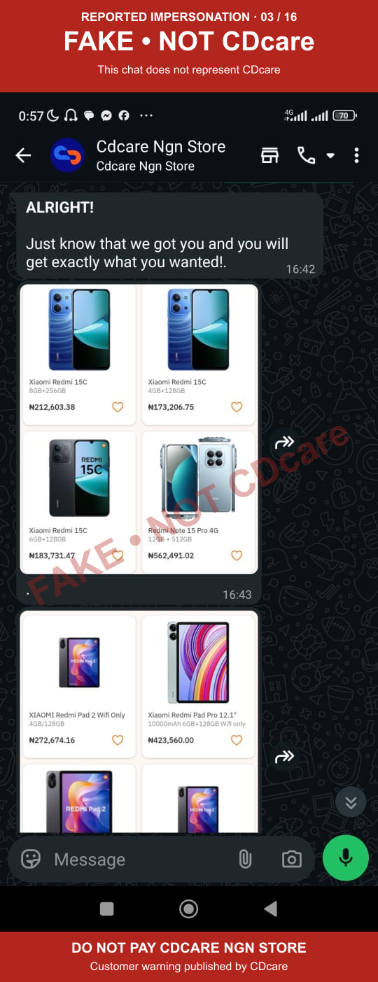 CDCARE NGN STORE impersonation evidence 03: copied product catalogue; marked FAKE, NOT CDcare