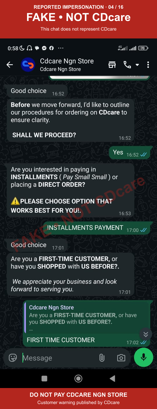 CDCARE NGN STORE impersonation evidence 04: installment sales script; marked FAKE, NOT CDcare