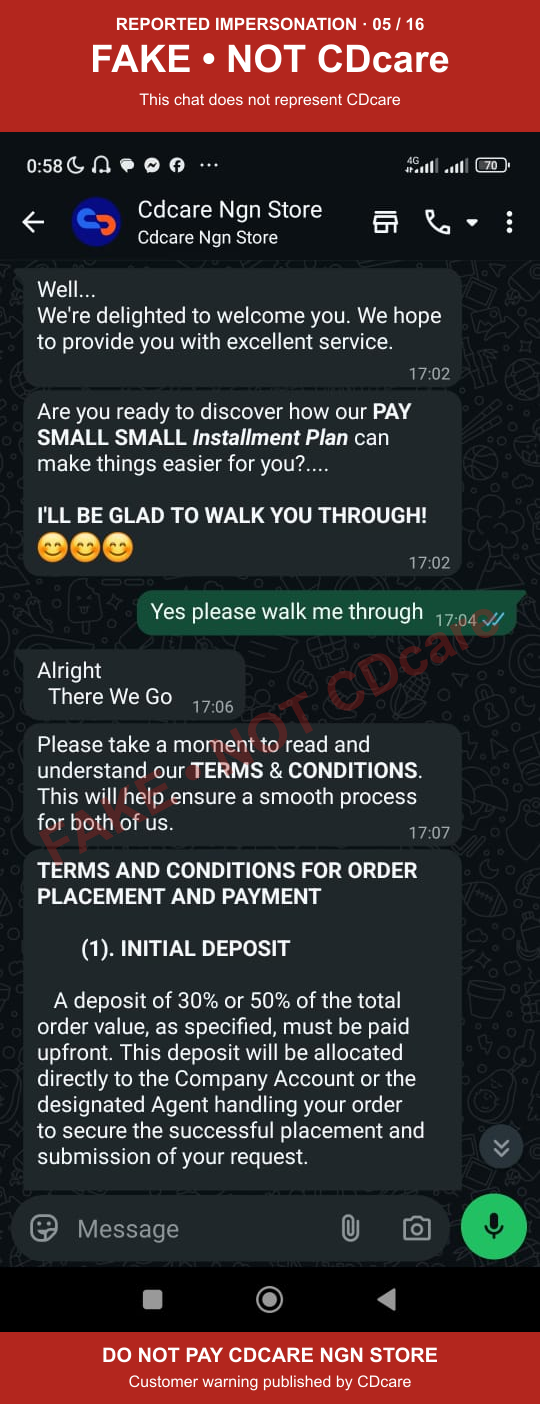 CDCARE NGN STORE impersonation evidence 05: unofficial payment terms; marked FAKE, NOT CDcare