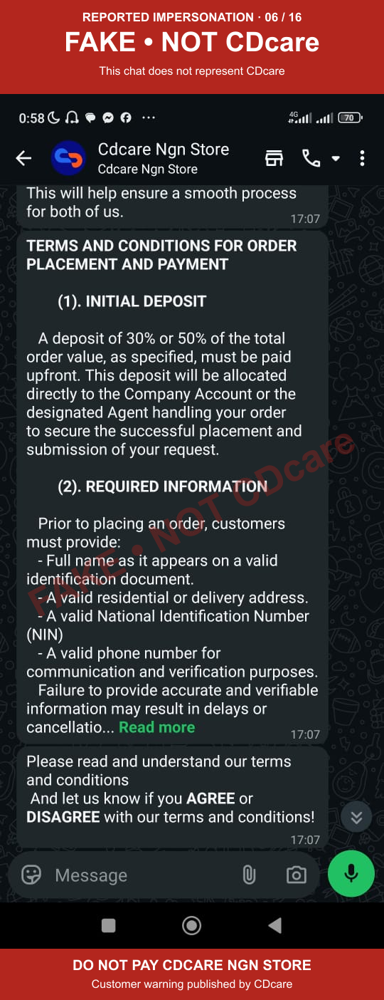 CDCARE NGN STORE impersonation evidence 06: requests for identity details; marked FAKE, NOT CDcare