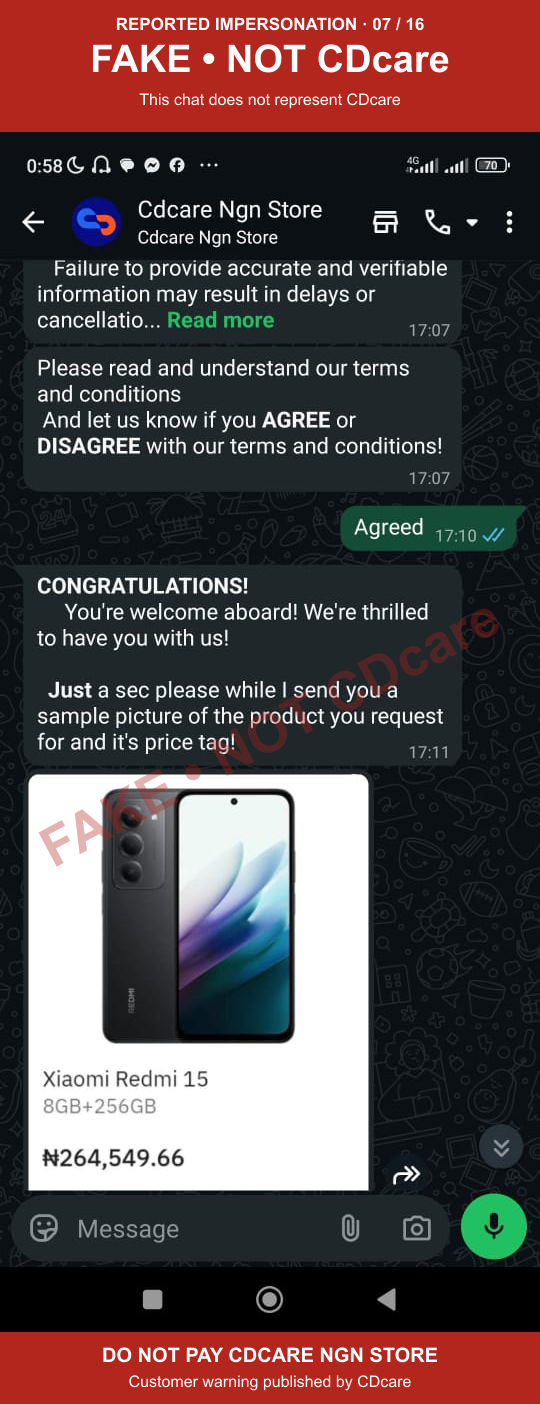 CDCARE NGN STORE impersonation evidence 07: product offer after acceptance; marked FAKE, NOT CDcare
