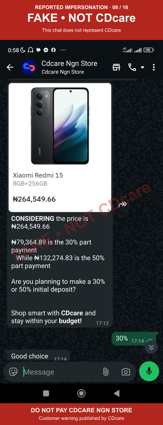 CDCARE NGN STORE impersonation evidence 08: thirty or fifty percent; marked FAKE, NOT CDcare