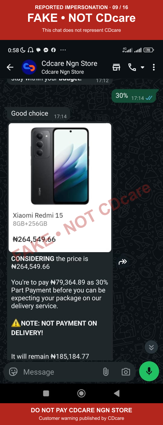 CDCARE NGN STORE impersonation evidence 09: deposit before delivery; marked FAKE, NOT CDcare