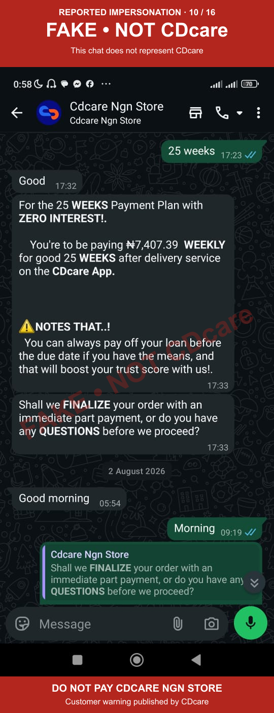 CDCARE NGN STORE impersonation evidence 10: twenty five week claim; marked FAKE, NOT CDcare