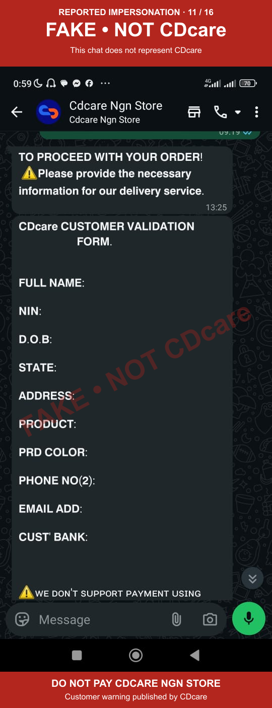 CDCARE NGN STORE impersonation evidence 11: fake customer validation form; marked FAKE, NOT CDcare