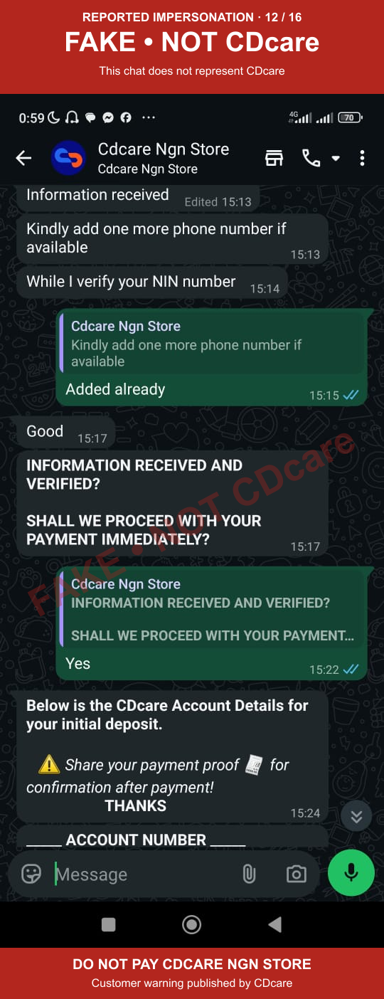CDCARE NGN STORE impersonation evidence 12: verification and payment pressure; marked FAKE, NOT CDcare