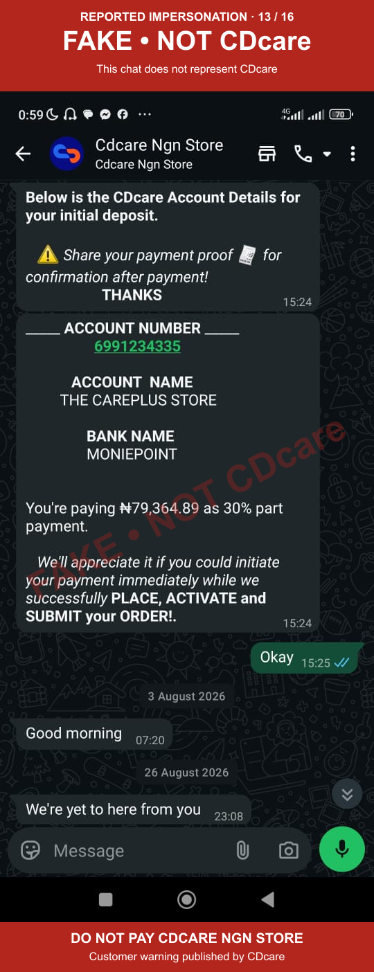 CDCARE NGN STORE impersonation evidence 13: careplus store moniepoint account; marked FAKE, NOT CDcare