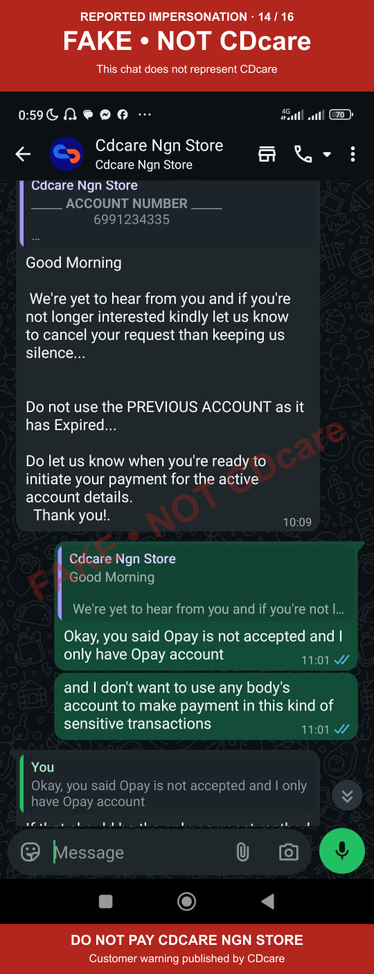 CDCARE NGN STORE impersonation evidence 14: previous account expired; marked FAKE, NOT CDcare