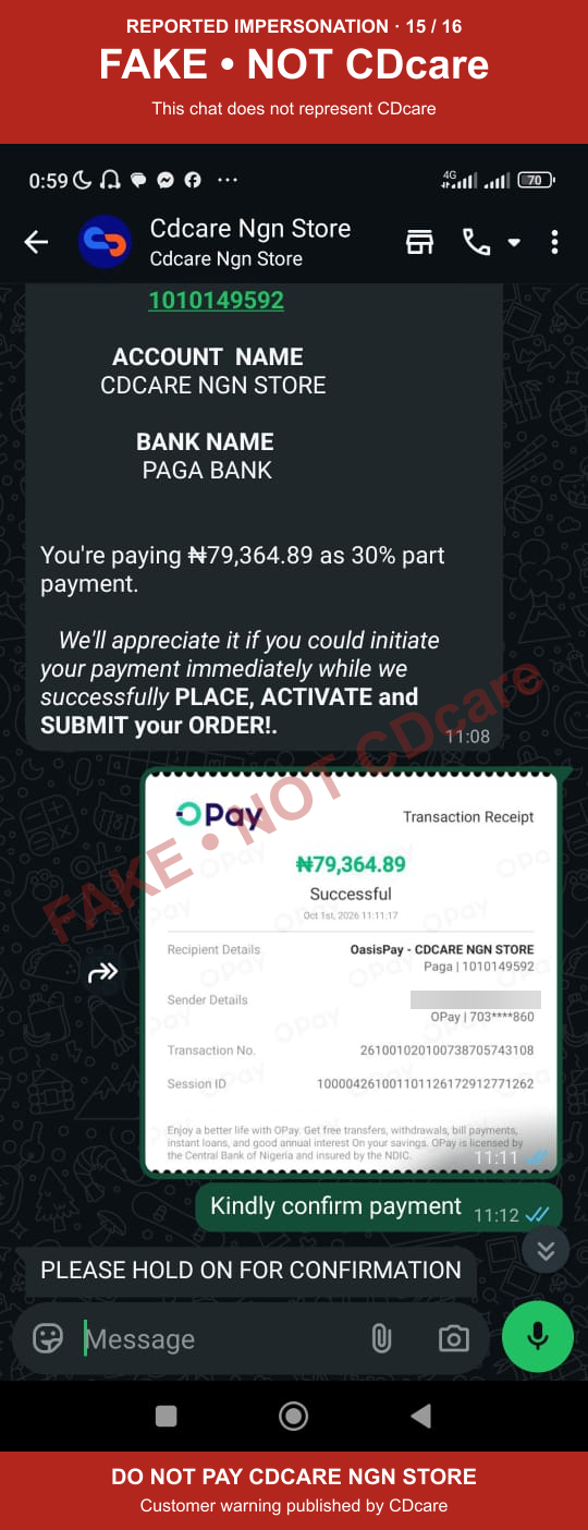 CDCARE NGN STORE impersonation evidence 15: cdcare ngn store paga transfer; marked FAKE, NOT CDcare