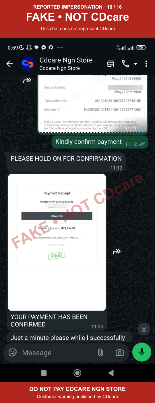CDCARE NGN STORE impersonation evidence 16: fake branded payment confirmation; marked FAKE, NOT CDcare